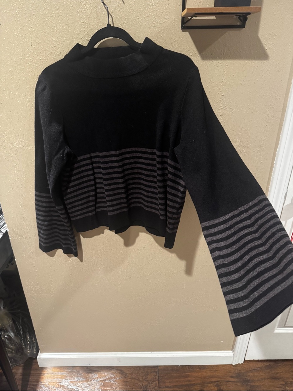 Roolee Black Sweater with Gray Striped Bell Sleeves